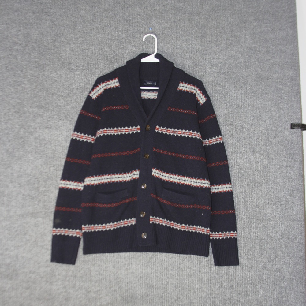 J Crew Shawl Collar Cardigan Mens M Navy Blue Fair Isle Lambs Wool F7549